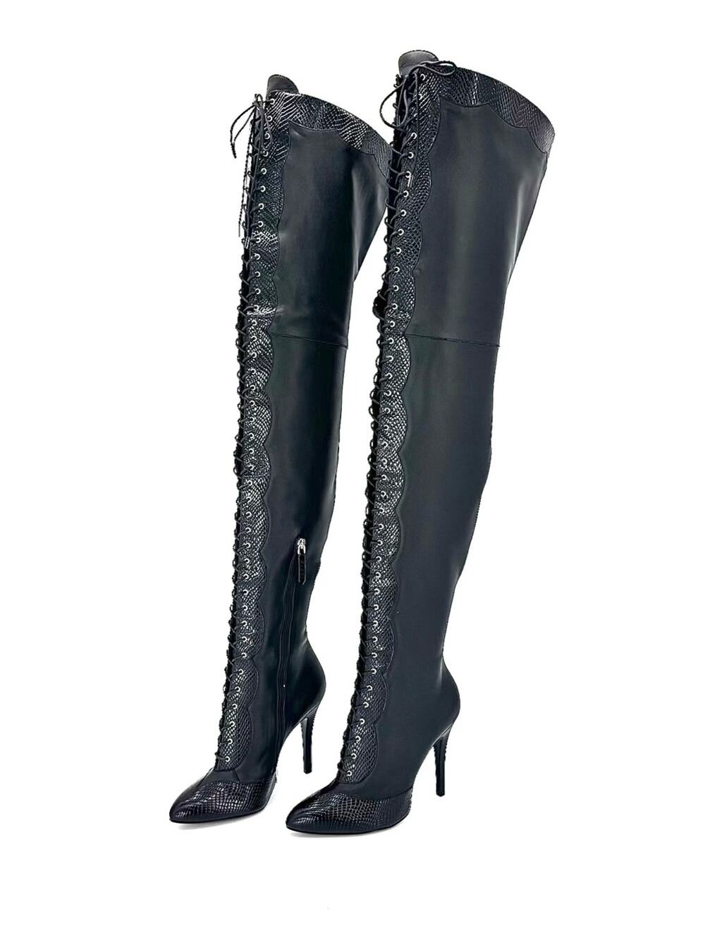 Gucci Harriet Thigh High Snake Emboss Pointed Toe Heeled Boots 39